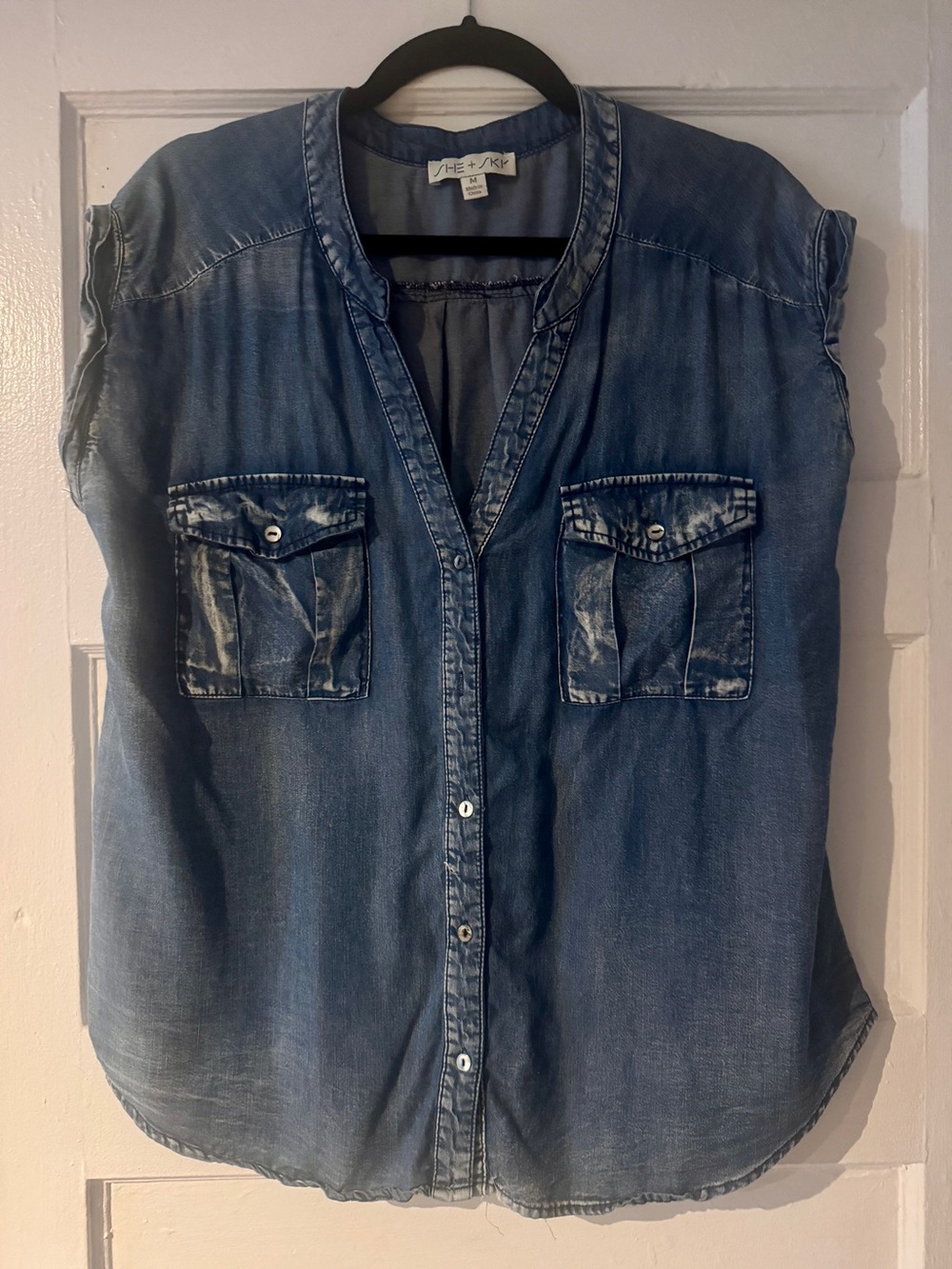 She and Sky dark chambray deni Button-Front Cap-Sleeve Shirt